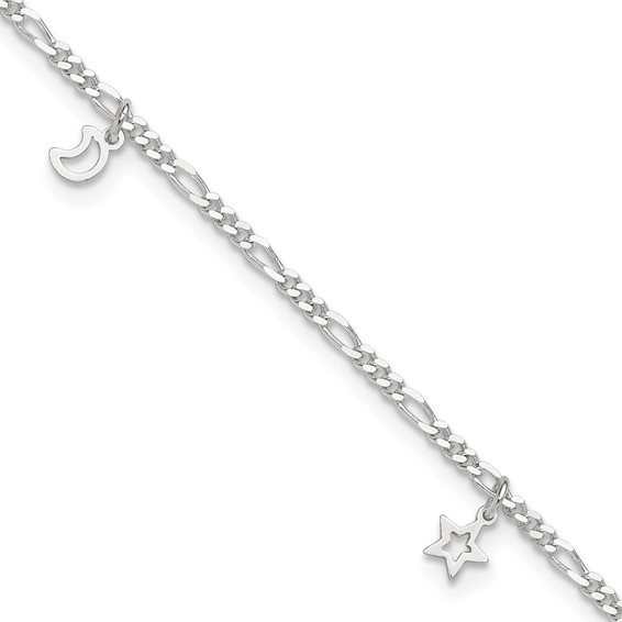 Sterling Silver Star and Moon 9 inch Plus 1 inch Extender - Total 10 inch Anklet