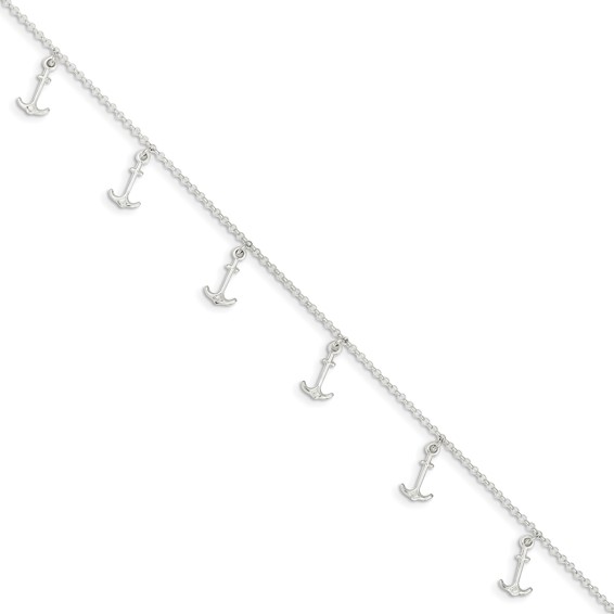 Sterling Silver Anchor Charms 9 inch Plus 1 inch Extender - Total 10 inch Anklet