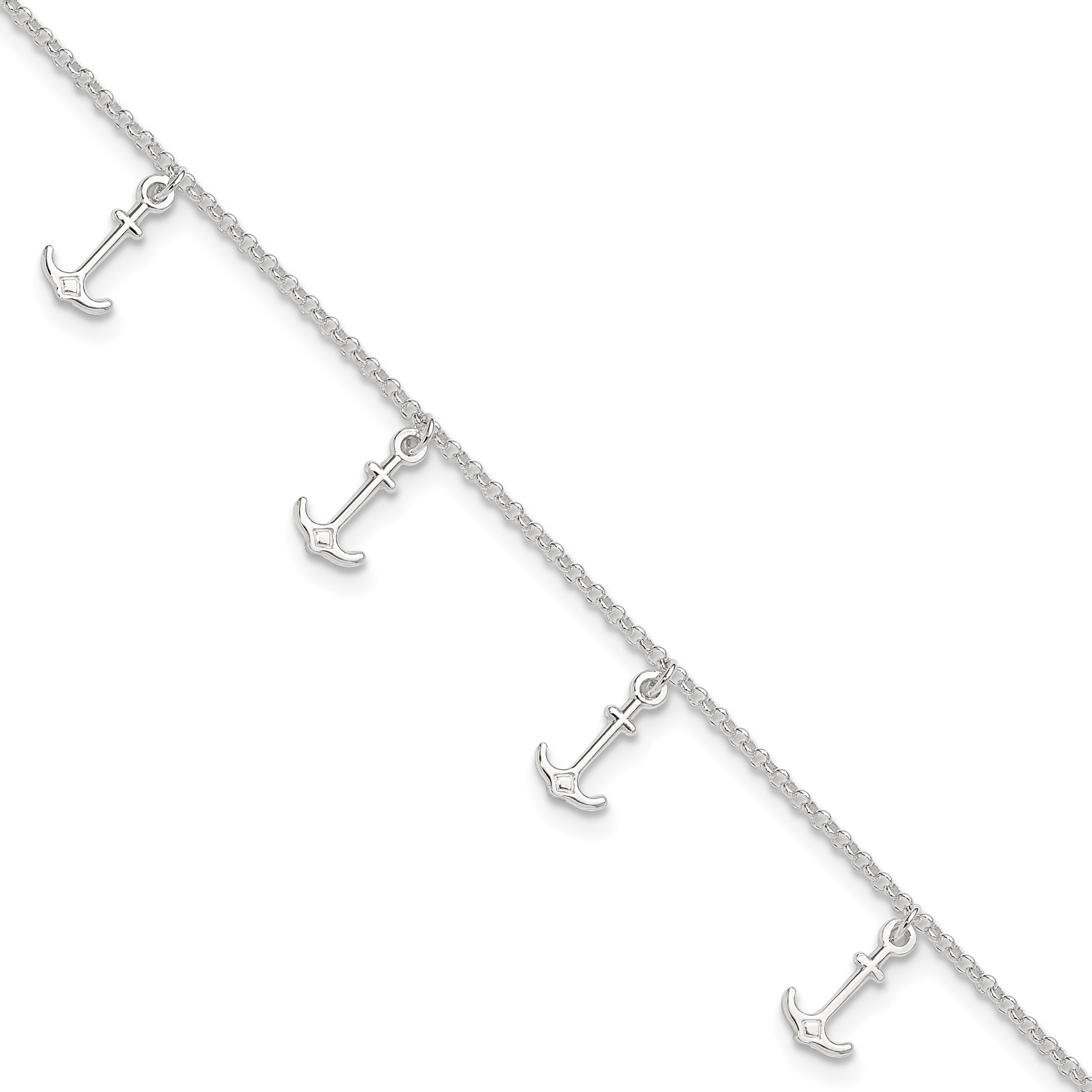 Sterling Silver Polished Anchors 9in Plus 1in Ext. Anklet (QG3162-9)