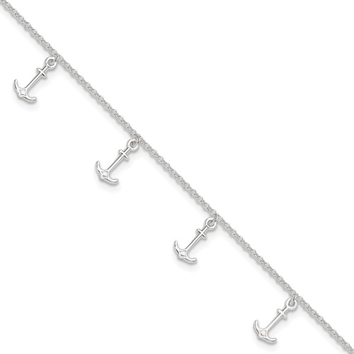 Sterling Silver Anchor Charms Plus 1 Inch Extender - Total 10 Inch Anklet, 9"