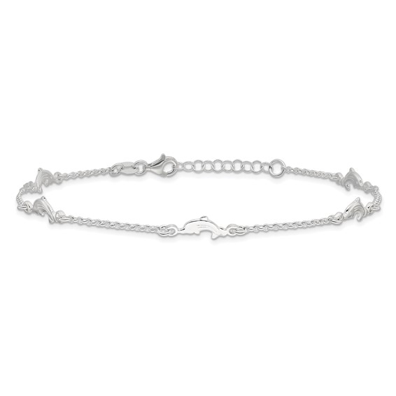 Sterling Silver Dolphin 5-Station 9 inch Plus 1 inch Extender - Total 10 inch Anklet
