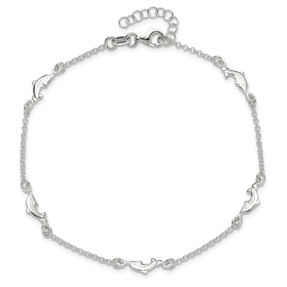 Sterling Silver Dolphin 5-Station 9 inch Plus 1 inch Extender - Total 10 inch Anklet