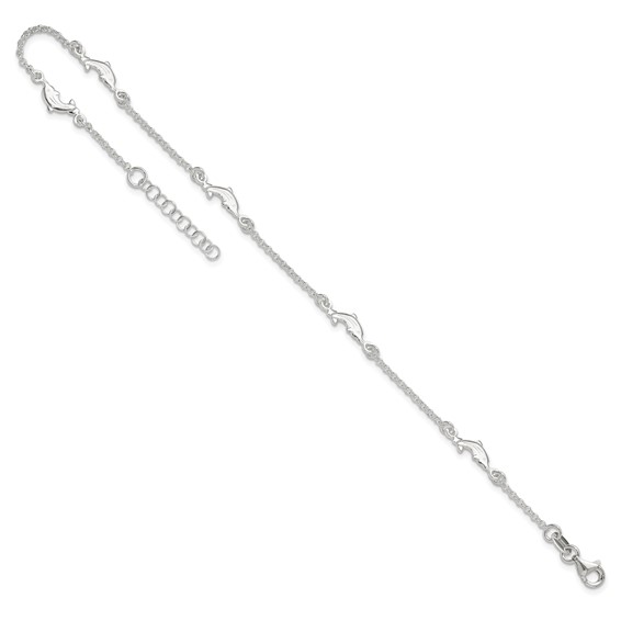 Sterling Silver Dolphin 5-Station 9 inch Plus 1 inch Extender - Total 10 inch Anklet