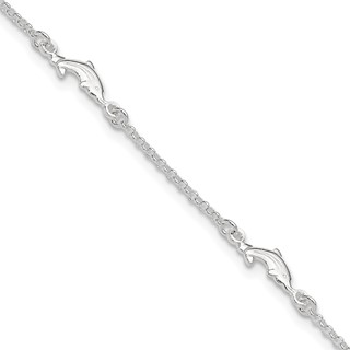 Sterling Silver Dolphin 5-Station 9 inch Plus 1 inch Extender - Total 10 inch Anklet