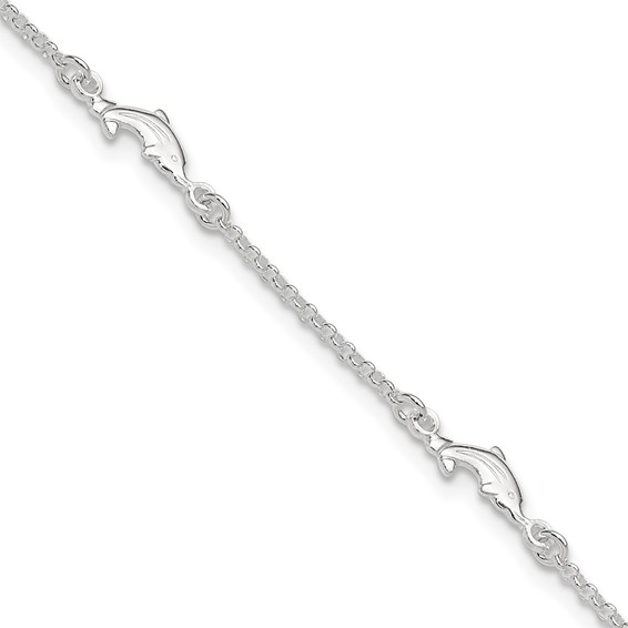 Sterling Silver Dolphin 5-Station 9 inch Plus 1 inch Extender - Total 10 inch Anklet