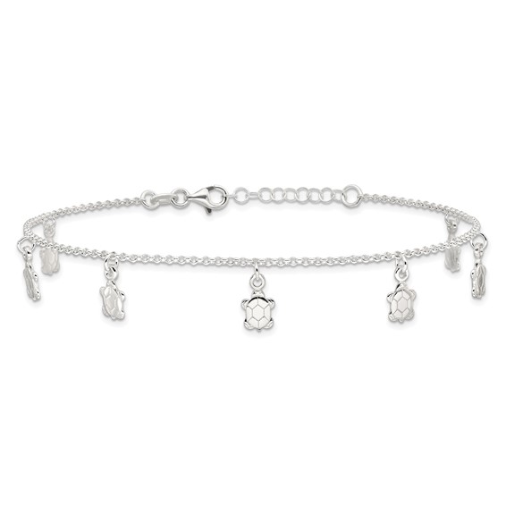 Sterling Silver Turtle Charms 9 inch Plus 1 inch Extender - Total 10 inch Anklet