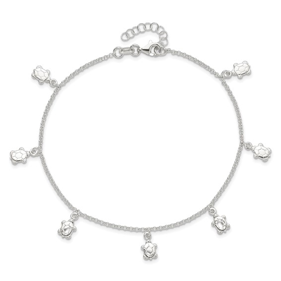 Sterling Silver Turtle Charms 9 inch Plus 1 inch Extender - Total 10 inch Anklet