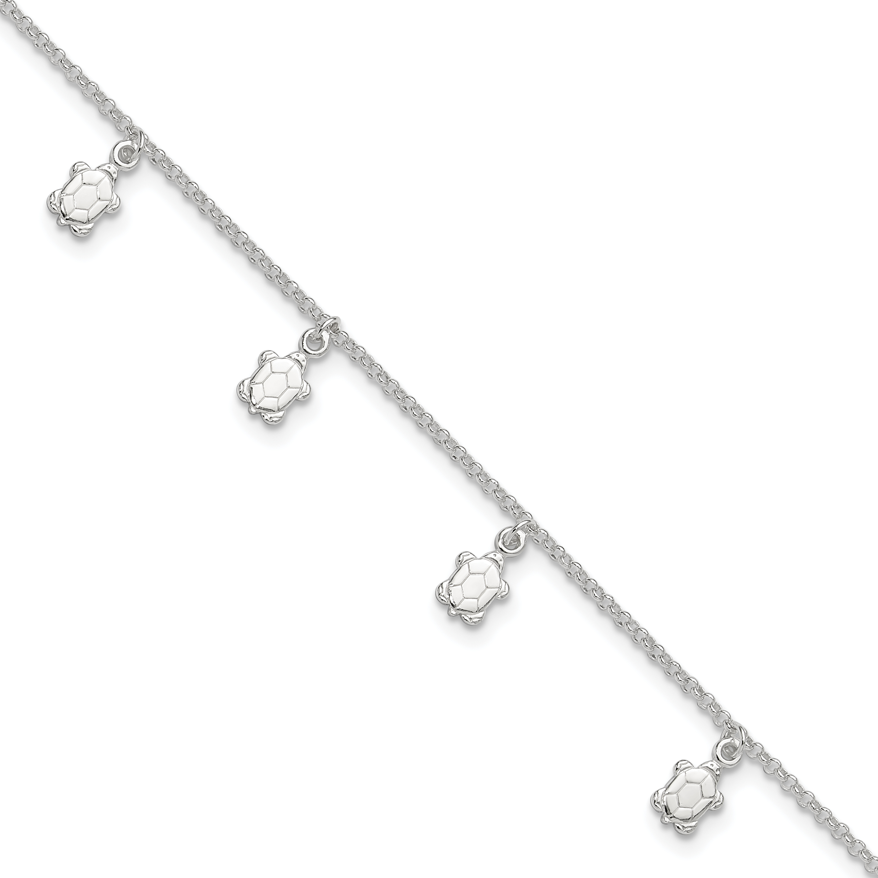Sterling Silver Polished Turtle 9in Plus 1in Ext. Anklet (QG3166-9)