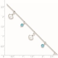 Sterling Silver Shells and Aqua Beads Plus 1 Inch Extender - Total 10 Inch Anklet, 9" view 2