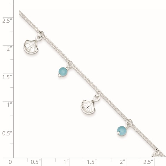 Sterling Silver Shells and Aqua Beads 9 inch Plus 1 inch Extender - Total 10 inch Anklet