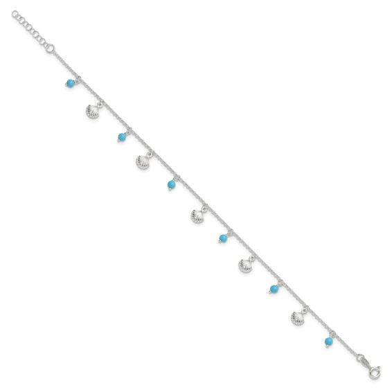 Sterling Silver Shells and Aqua Beads 9 inch Plus 1 inch Extender - Total 10 inch Anklet