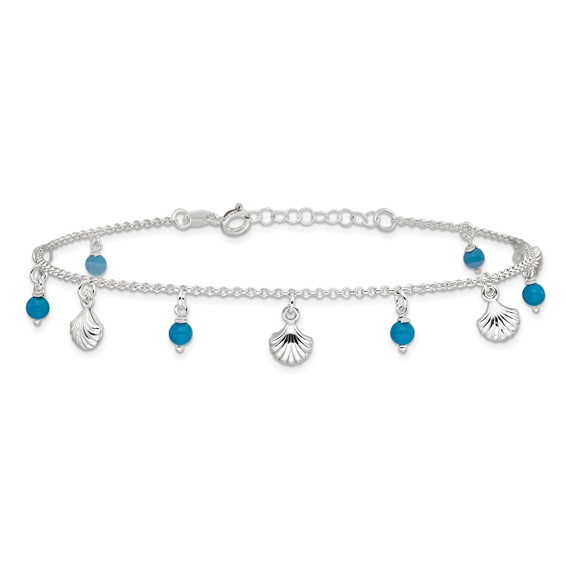 Sterling Silver Shells and Aqua Beads 9 inch Plus 1 inch Extender - Total 10 inch Anklet
