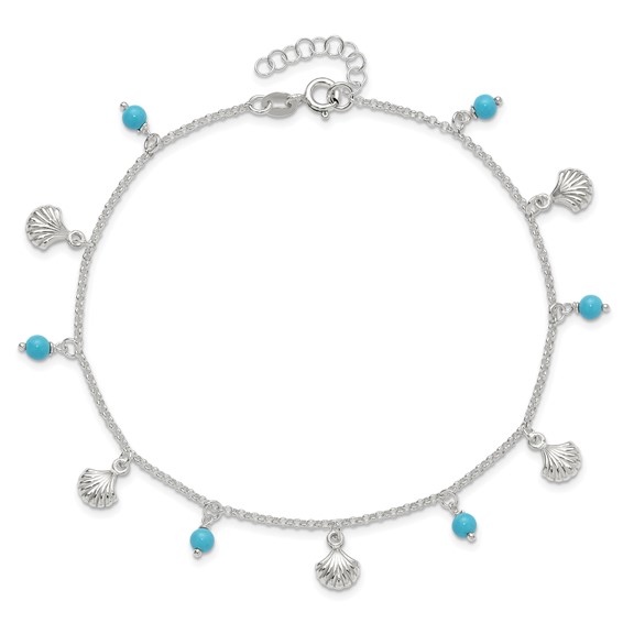 Sterling Silver Shells and Aqua Beads 9 inch Plus 1 inch Extender - Total 10 inch Anklet