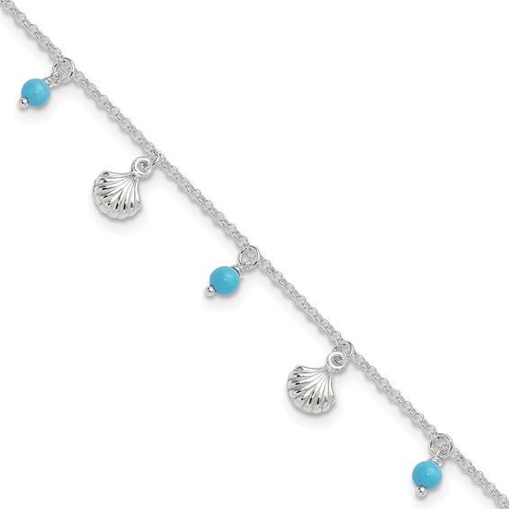 Sterling Silver Shells and Aqua Beads 10 inch Plus 1 inch Extender - Total 11 inch Anklet