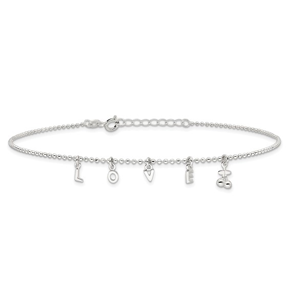 Sterling Silver LOVE Letters 10 inch Plus 1 inch Extender - Total 11 inch Anklet