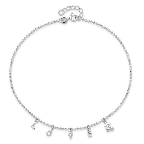 Sterling Silver LOVE Letters 10 inch Plus 1 inch Extender - Total 11 inch Anklet