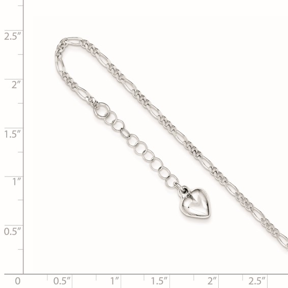 Sterling Silver Figaro with Puffed Heart Dangle 9 inch Plus 1 inch Extender - Total 10 inch Anklet