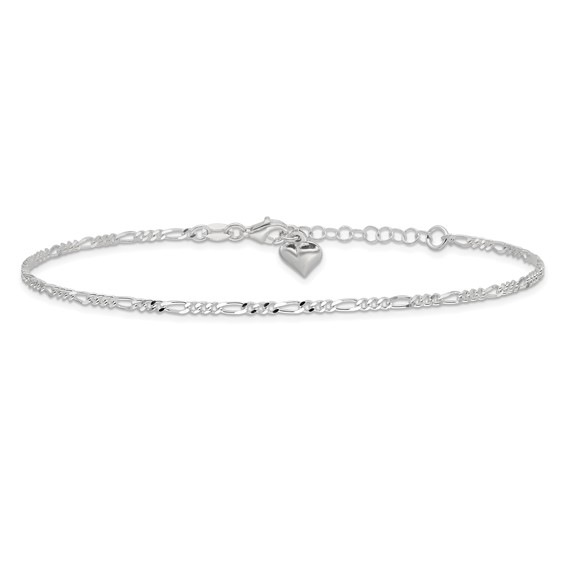 Sterling Silver Figaro with Puffed Heart Dangle 9 inch Plus 1 inch Extender - Total 10 inch Anklet