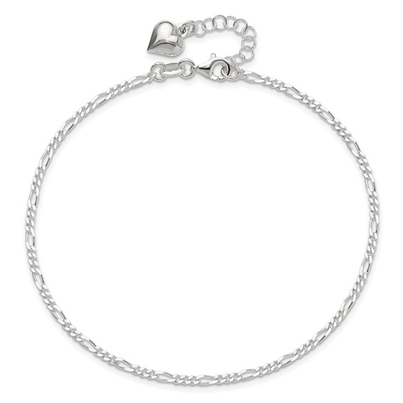 Sterling Silver Figaro with Puffed Heart Dangle 9 inch Plus 1 inch Extender - Total 10 inch Anklet