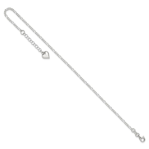 Sterling Silver Figaro with Puffed Heart Dangle 9 inch Plus 1 inch Extender - Total 10 inch Anklet