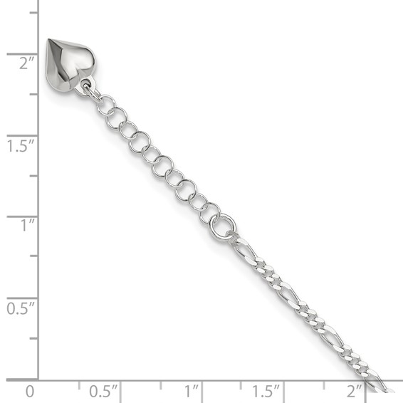 Sterling Silver Figaro with Puffed Heart Dangle 9 inch Plus 1 inch Extender - Total 10 inch Anklet