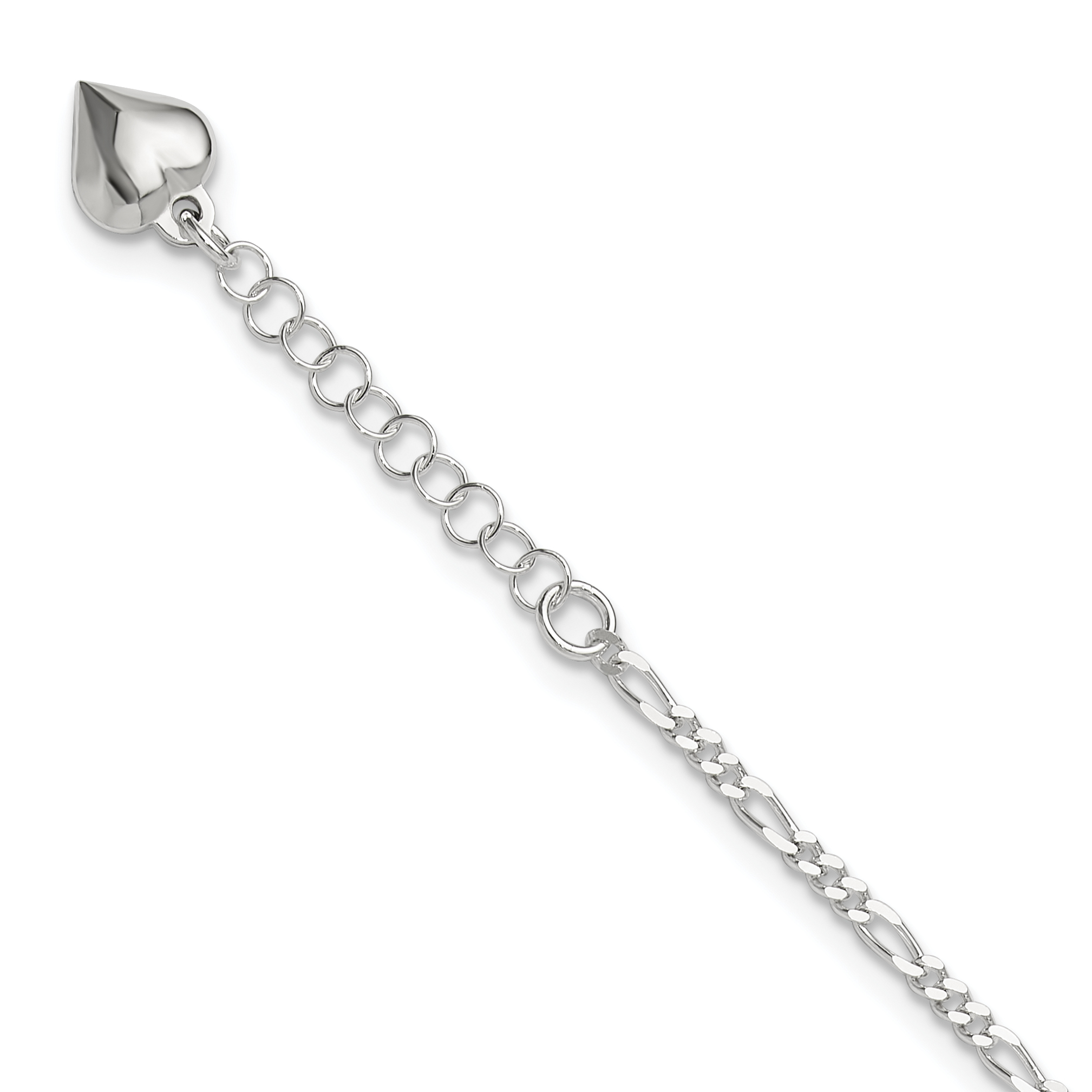 Sterling Silver Polished Heart 9in Plus 1in Ext. Anklet (QG3173-9)