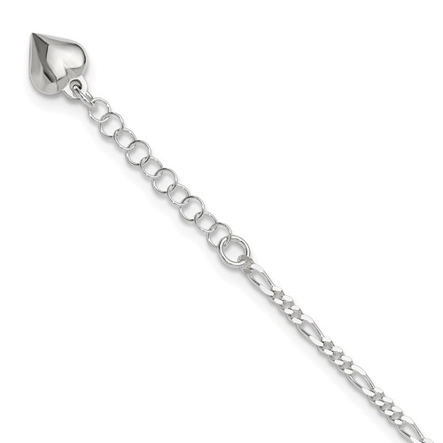 Sterling Silver Figaro Anklet with Puffed Heart Dangle Plus 1 Inch Extender - Total 10 Inch, 9"