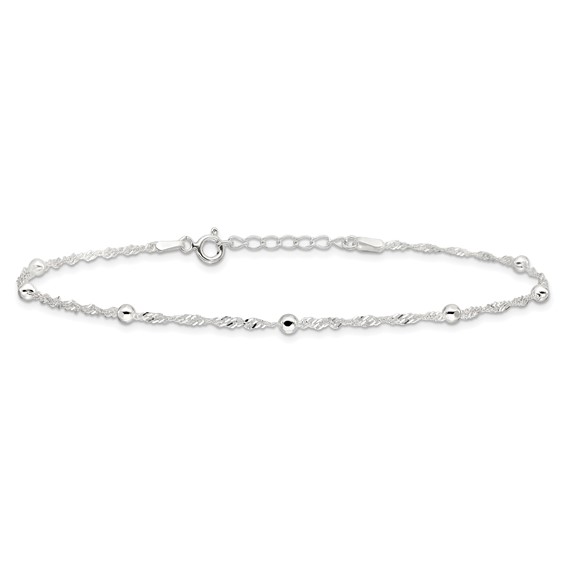 Sterling Silver Bead 7-Station 10 inch Plus 1 inch Extender - Total 11 inch Anklet
