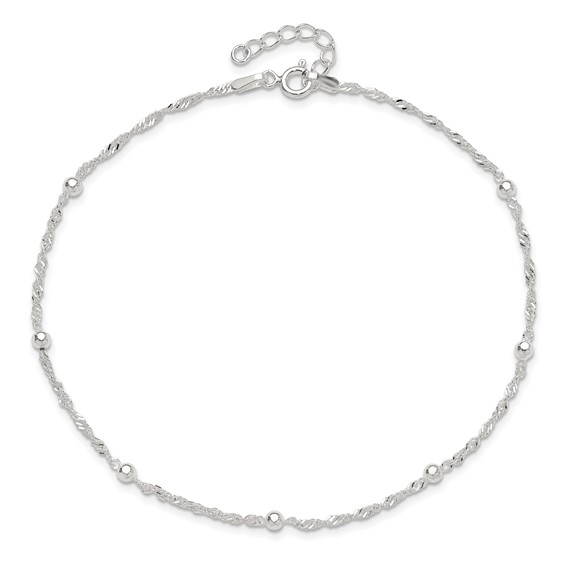 Sterling Silver Bead 7-Station 10 inch Plus 1 inch Extender - Total 11 inch Anklet