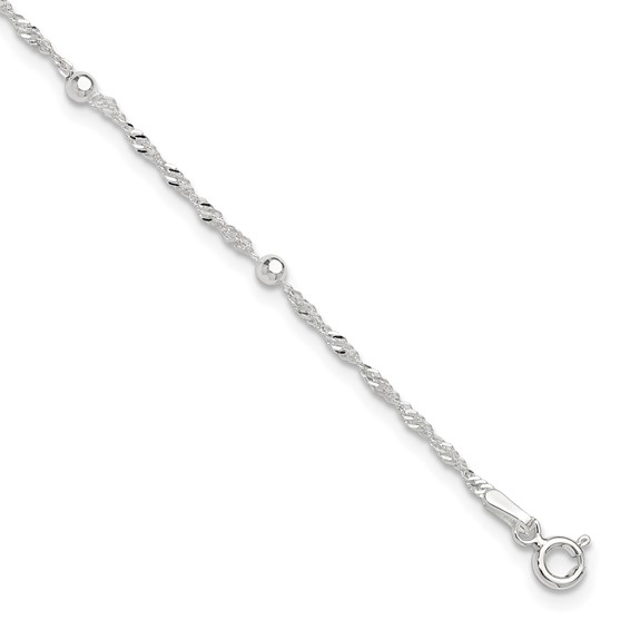 Sterling Silver Bead 7-Station 9 inch Plus 1 inch Extender - Total 10 inch Anklet