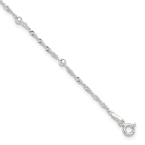 Sterling Silver Bead 7-Station Plus 1 Inch Extender - Total 11 Inch Anklet, 10"