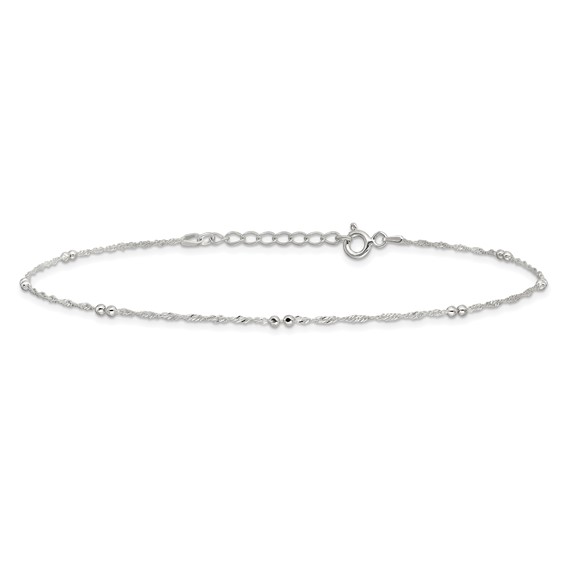 Sterling Silver Bead 7-Station 10 inch Plus 1 inch Extender - Total 11 inch Anklet