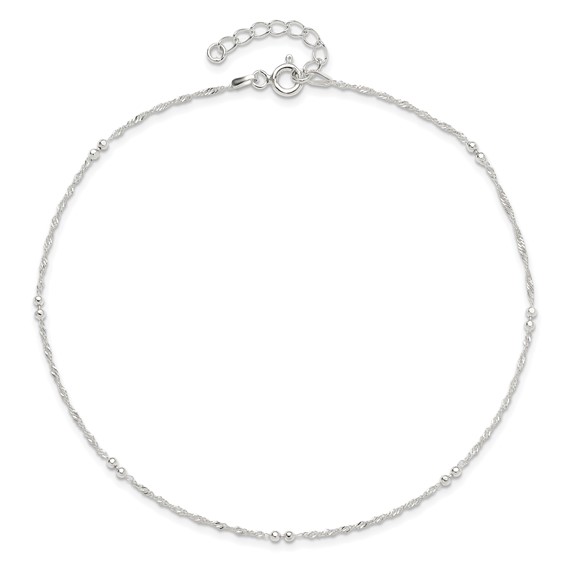 Sterling Silver Bead 7-Station 10 inch Plus 1 inch Extender - Total 11 inch Anklet