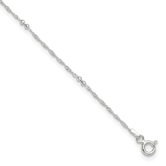 Sterling Silver Bead 7-Station 10 inch Plus 1 inch Extender - Total 11 inch Anklet