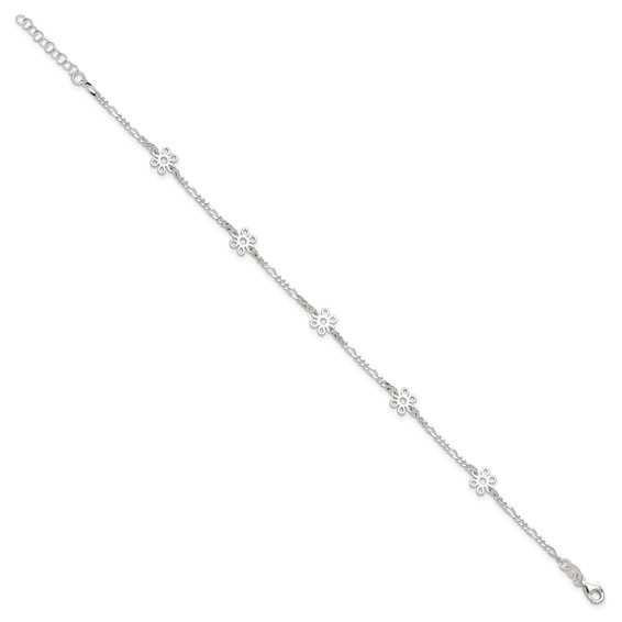 Sterling Silver Figaro Chain/Flowers 5-Station 9 inch Plus 1 inch Extender - Total 10 inch Anklet