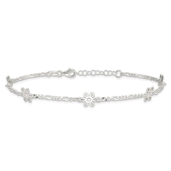 Sterling Silver Figaro Chain/Flowers 5-Station 9 inch Plus 1 inch Extender - Total 10 inch Anklet