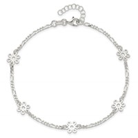 Sterling Silver Figaro Chain Flowers 5-Station Plus 1 Inch Extender - Total 10 Inch Anklet - 9in view 5