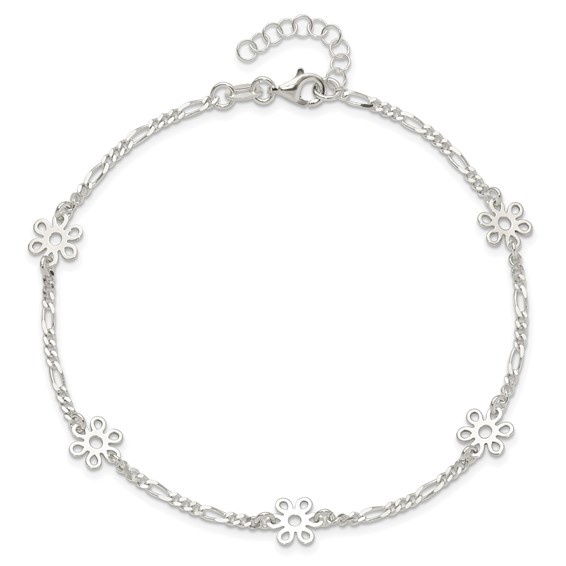 Sterling Silver Figaro Chain/Flowers 5-Station 9 inch Plus 1 inch Extender - Total 10 inch Anklet