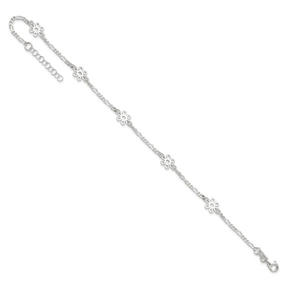 Sterling Silver Figaro Chain/Flowers 5-Station 9 inch Plus 1 inch Extender - Total 10 inch Anklet