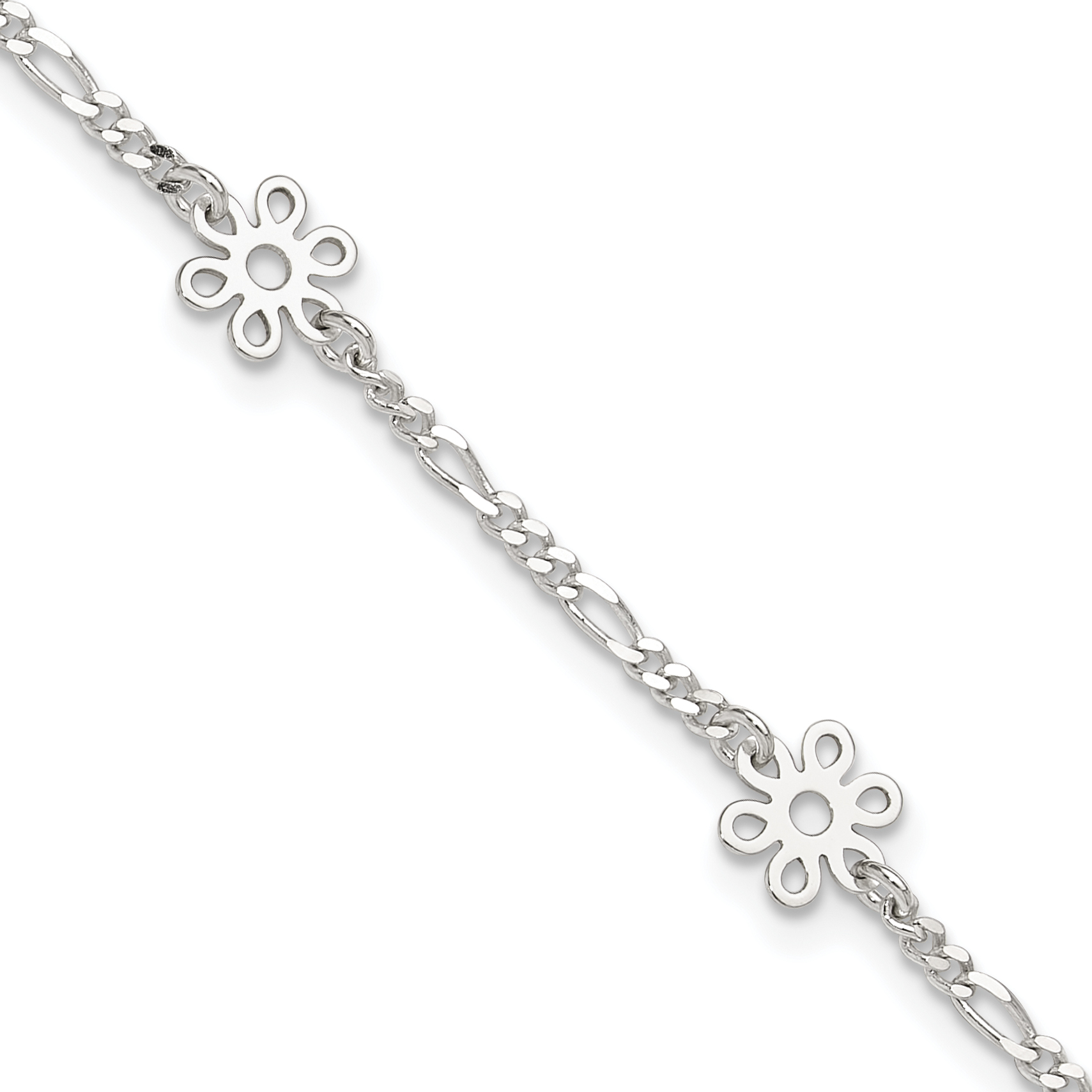 Sterling Silver Polished Flower 9in Plus 1in Ext. Anklet (QG3180-9)