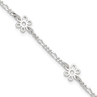 Sterling Silver Figaro Chain Flowers 5-Station Plus 1 Inch Extender - Total 10 Inch Anklet - 9in view 1