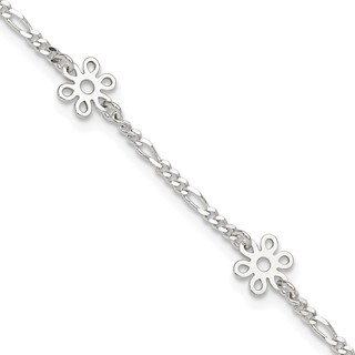 Sterling Silver Figaro Chain/Flowers 5-Station 9 inch Plus 1 inch Extender - Total 10 inch Anklet
