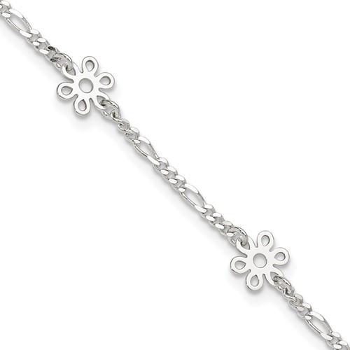 Sterling Silver Figaro Chain Flowers 5-Station Plus 1 Inch Extender - Total 10 Inch Anklet, 9"