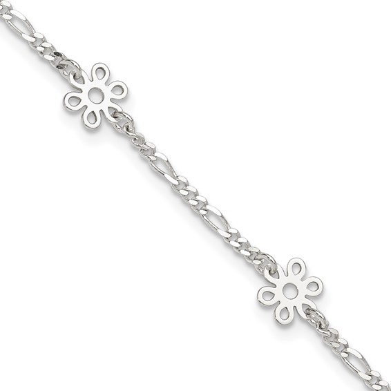 Sterling Silver Figaro Chain/Flowers 5-Station 9 inch Plus 1 inch Extender - Total 10 inch Anklet