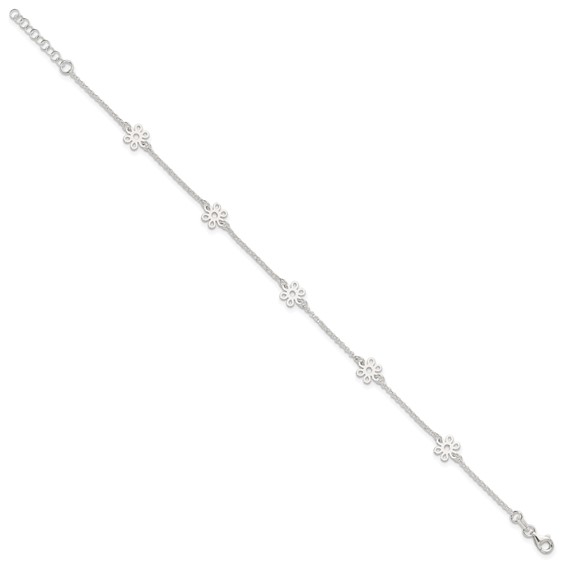 Sterling Silver Cable Chain/Flowers 5-Station 10 inch Plus 1 inch Extender - Total 11 inch Anklet