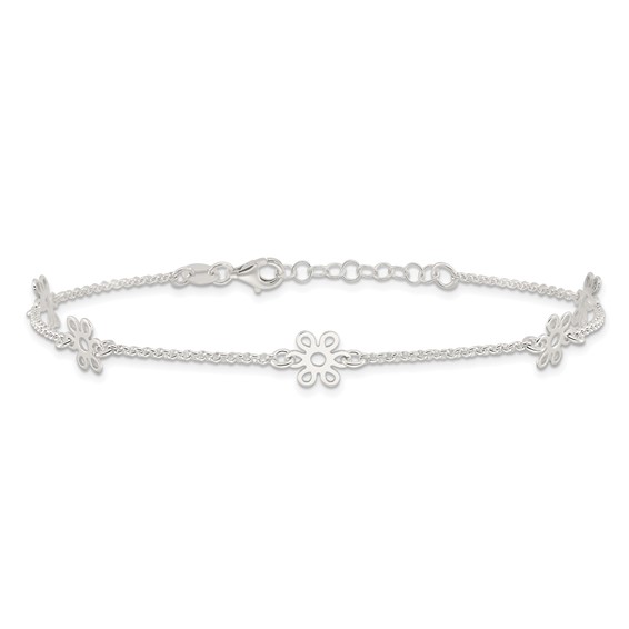 Sterling Silver Cable Chain/Flowers 5-Station 10 inch Plus 1 inch Extender - Total 11 inch Anklet