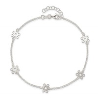 Sterling Silver Cable Chain Flowers 5-Station Plus 1 Inch Extender - Total 10 Inch Anklet, 9" view 5
