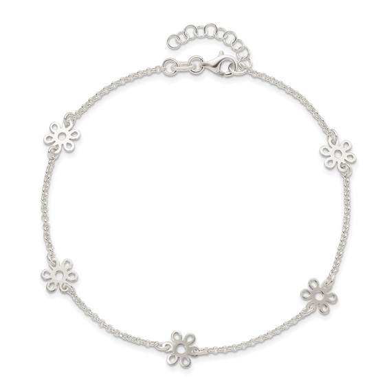Sterling Silver Cable Chain/Flowers 5-Station 10 inch Plus 1 inch Extender - Total 11 inch Anklet