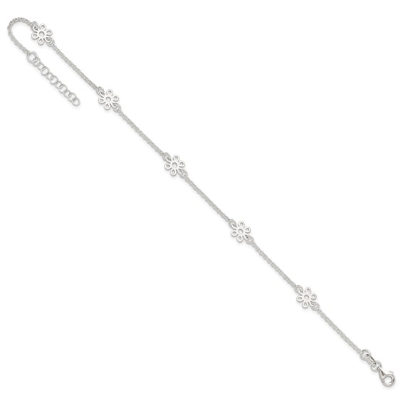 Sterling Silver Cable Chain/Flowers 5-Station 10 inch Plus 1 inch Extender - Total 11 inch Anklet
