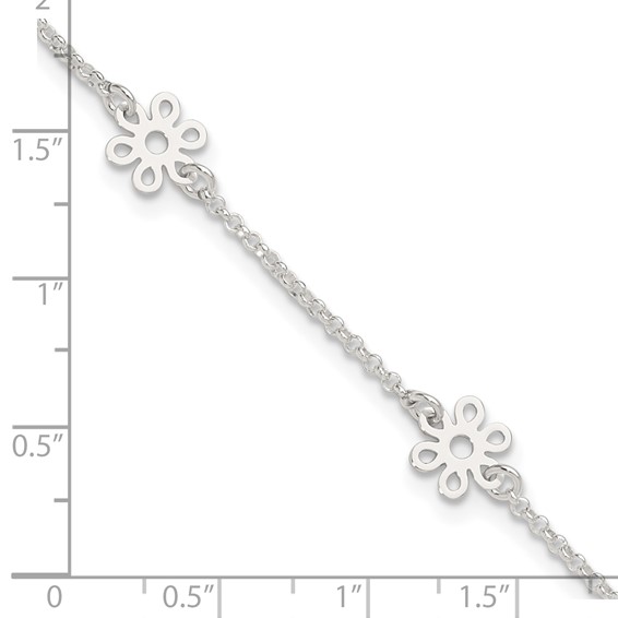 Sterling Silver Cable Chain/Flowers 5-Station 9 inch Plus 1 inch Extender - Total 10 inch Anklet